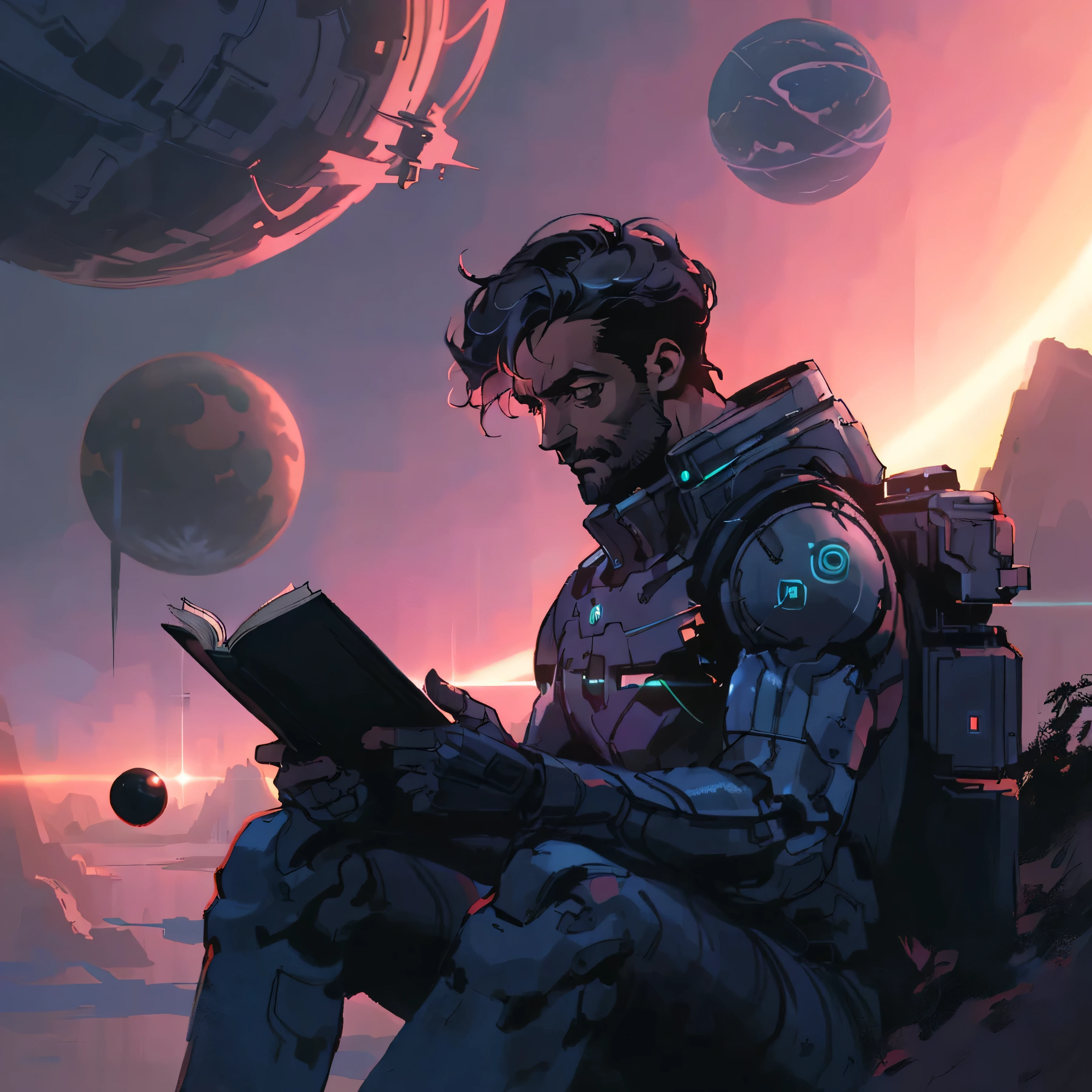 arafed man sitting on a rock reading a book in front of a planet, artem demura beeple, sci-fi illustrations, sci - fi illustrations, beeple daily art, realism | beeple, cinematic beeple, in style of beeple, beeple and tim hildebrandt, sci-fi digital art illustrationHD, (Best Detail), (Best Quality), Shinkawa Youji, Brush Strokes, Black and White,