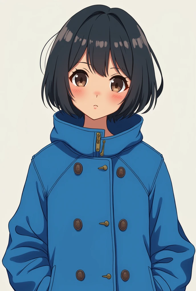 Make a light brown skin tone with a blue coat and anime style