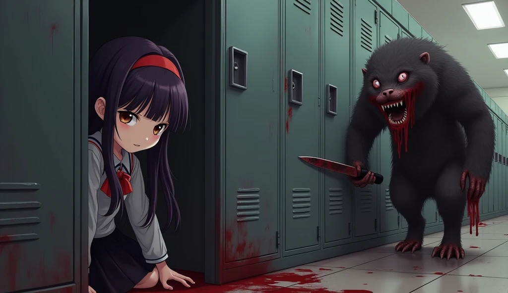 May ((a school girl with long dark purple hair that reaches her mid-back. She always wears a red headband. She has brown eyes. She wears a long-sleeved shirt and a black skirt.)) hid in a locker and The Mole mascot ((A terrifying mole mascot costume, covered in blood and carrying a knife.)) walked around looking for her. 