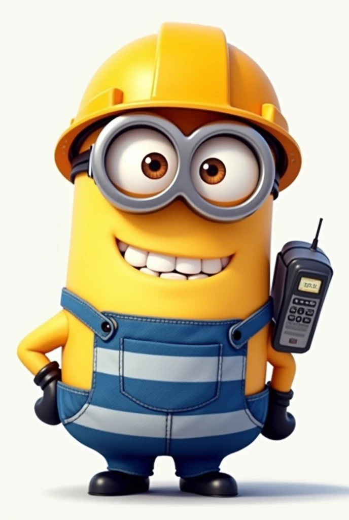 A minion standing sideways with a bright yellow work helmet and blue striped uniform and a communication radio