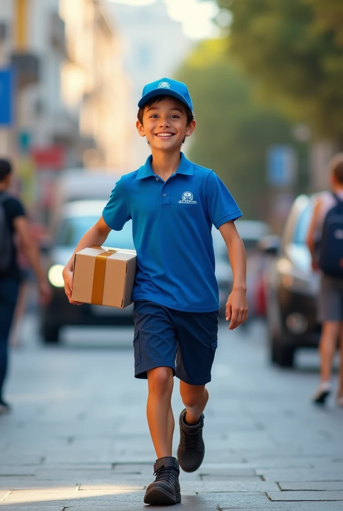 Cheerful delivery boy in a blue shirt