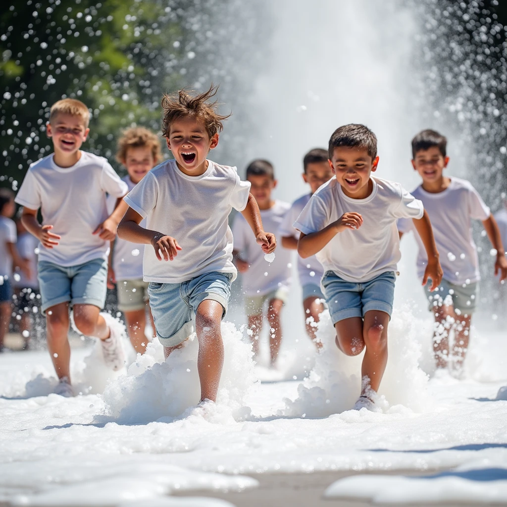 A realistic photo of kids, aged 6-8, laughing and running through thick soap foam from a cannon, wearing shorts and t-shirts soaked from the wet foam. Their clothes cling slightly to their bodies, and the foam bubbles glisten in the sunlight.