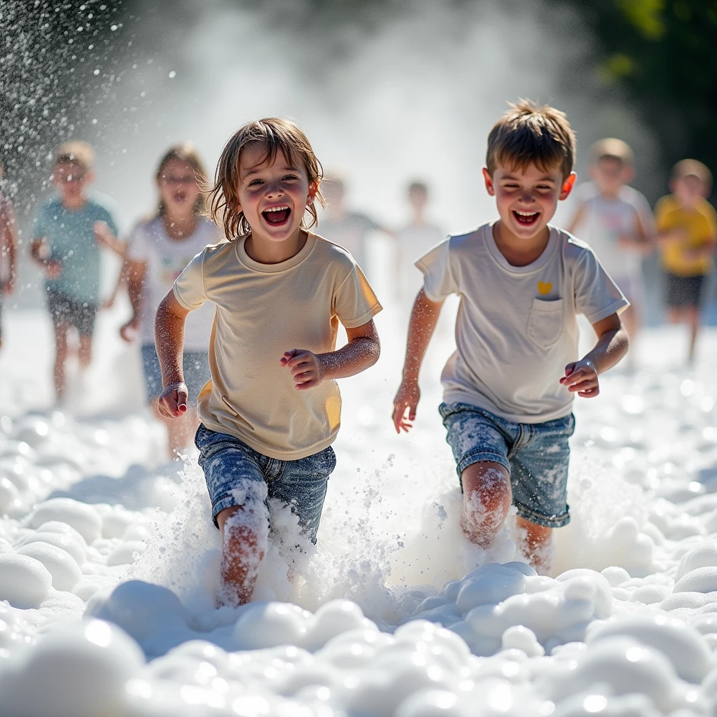 A realistic photo of kids, 6-8, laughing and running through thick soap foam from a cannon, wearing shorts and t-shirts soaked from the wet foam. Their clothes cling slightly to their bodies, and the foam bubbles glisten in the sunlight.