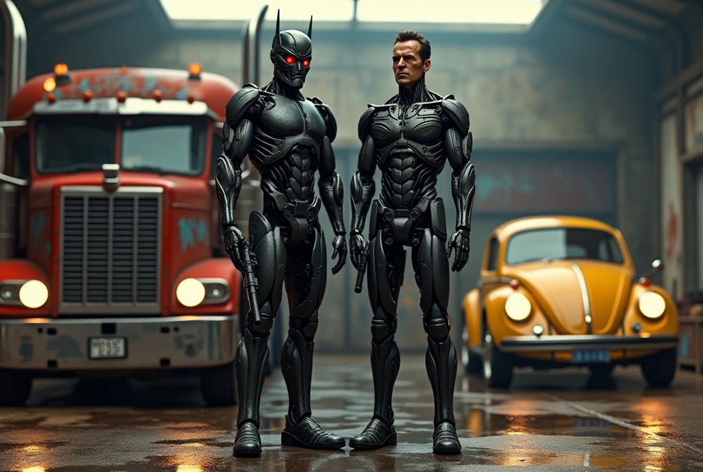 Arnold Schwarzenegger and the Terminator T800, Arnold&#39;s eyes glow like a red LED, Arnold holds a 12 gauge shotgun, He stands next to Optimus Prime as an old red and blue 1987 Freightliner COE truck., the truck&#39;s paint simulates fire stains in blue and red colors, on the other side there is an old yellow Beetle with its headlights on, lens flare effect, Raby, lens flares, reflection on the floor,  the image is as realistic as a mirror, extremely realistic size ratio