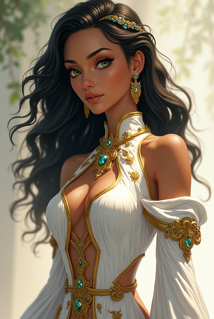 Mel is an attractive slender, brown-skinned woman with green eyes. She has dark, curly hair with jeweled twists at her hairline. She wears elegant white clothing with gold accents reminiscent of both Shurima Crest icon Shuriman and Targon Crest icon Targonian attire, mixed with common Piltover Crest icon Piltover patterns. Do it anime style