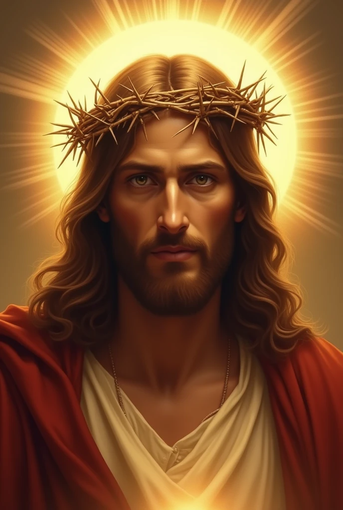 Jesus with a crown of thorns on his head, JesusChrist, the lord and savior, portrait of JesusChrist, Jesus of Nazareth, brilliant light masterpiece, jesus, greg olsen, king of kings, beautiful image already created, Bright halo above your head, glorious light, Jesus facing the image
