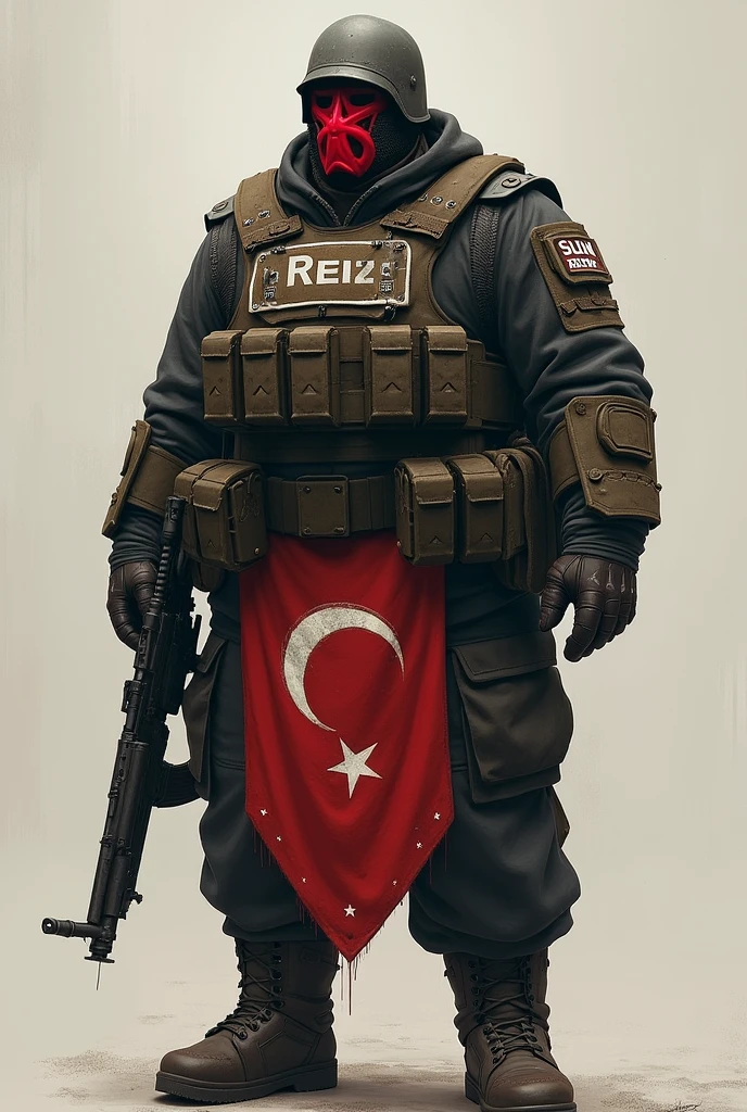 1.If the man is 75 cm tall and weighs 90 kg, he has a red star and crescent shaped ski mask on top of his bulletproof vest. REIZ should be written on his bulletproof vest and a crescent shaped flag underneath.