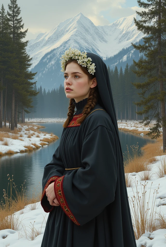 Realism, posing
Slavic woman
girl 20 years old, Slavic Christian clothing 1880, stands at a distance of 4 meters,
a wreath of snowdrops in her hair, in the background a pine forest, a river, mountains covered with snow,
Style - Ivan Shishkin, Vasily Polenov, Vasily Surikov, Isaac Levitan, Ilya Repin.