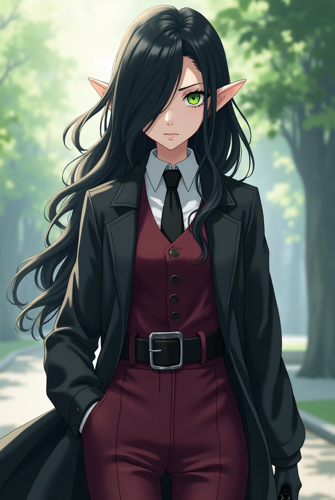A female elf character, anime. Young and serene appearance with hair length below the shoulders, wavy and dark, black, with an asymmetrical hairstyle that partially covers one side of his face, his right eye is covered by his hair. His eyes are an intense green color. He wears black clothing that includes a long, dark trench coat with long sleeves and wine red suit pants. The trench coat has a belt tied at the waist, which fastens at the front. He has a white button-down shirt and a small closed wine red vest. He wears gloves, knee-high boots and a tie, all three black. The posture and facial expression suggest that she is ready for a battle or quick action. She is tall and serious. That represents light and darkness.