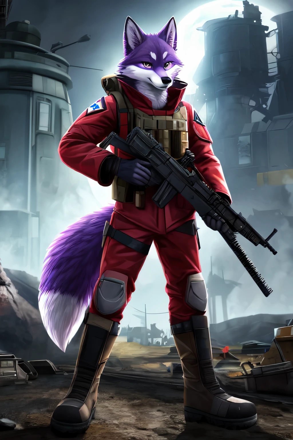 ((best quality)), ((masterpiece)), (detailed), 1 boy, combat medic millitary, half fox and half wolf, rexouium, purple and white fur, full body, anthro, combine outfit, half life 2, epic background, kemono, cute, awesome looking, red medic outfit, red outfit, holding a weapon, medic acessories