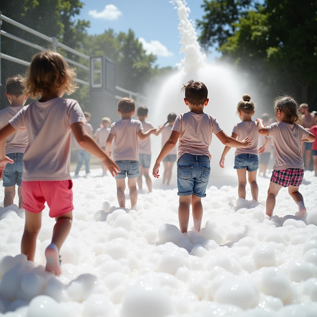 A wide-angle photo of an outdoor foam party, showing kids dancing and playing in a thick layer of wet soap foam. The children are wearing wet, soapy t-shirts and shorts, with the soap cannon visible in the background, spraying more foam. The bright sunlight enhances the wet, shiny appearance of the scene.
