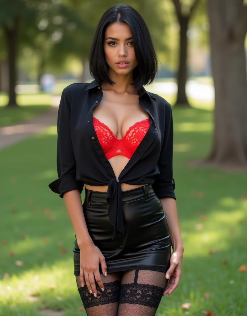 (full body shot), A hot Arabic mommy, glossy dark black hair bob haircut, ((tight unzipped shirt)), neon red lace bra, sexy, ((short skirt)), ((black lace stockings)) (wide hips, toned thighs, toned legs), front shot, (long shot, full body shot, depth of field)1.1 huge cleavage, natural saggy, firm,  (wide hips, toned thighs, toned legs) park background