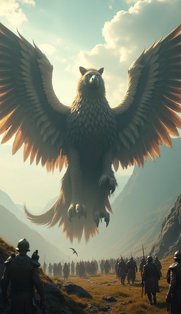 Huge and mighty griffin stand over small people, army of warriors, fantasy, High Resolution, Masterpiece, Wide Shot, Blurry, Sparkle, Depth Of Field, Lens Flare, Ray Tracing, Cinematography, Photorealistic,