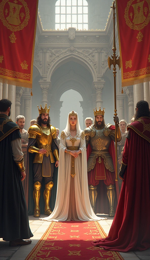 Illustrate a signing ceremony of a peace treaty between the kingdoms, kingdom with king arlock man with golden armor and crown, queen Ailith with her white cloak and her staff in the hand of a magician and the king of years a short king with his armor of bronze and his double-sided ax with leaders and representatives of the three kingdoms present. The setting should be a large hall or courtyard, with flags and symbols of each kingdom visible and architectural and clothing details consistent with medieval times.