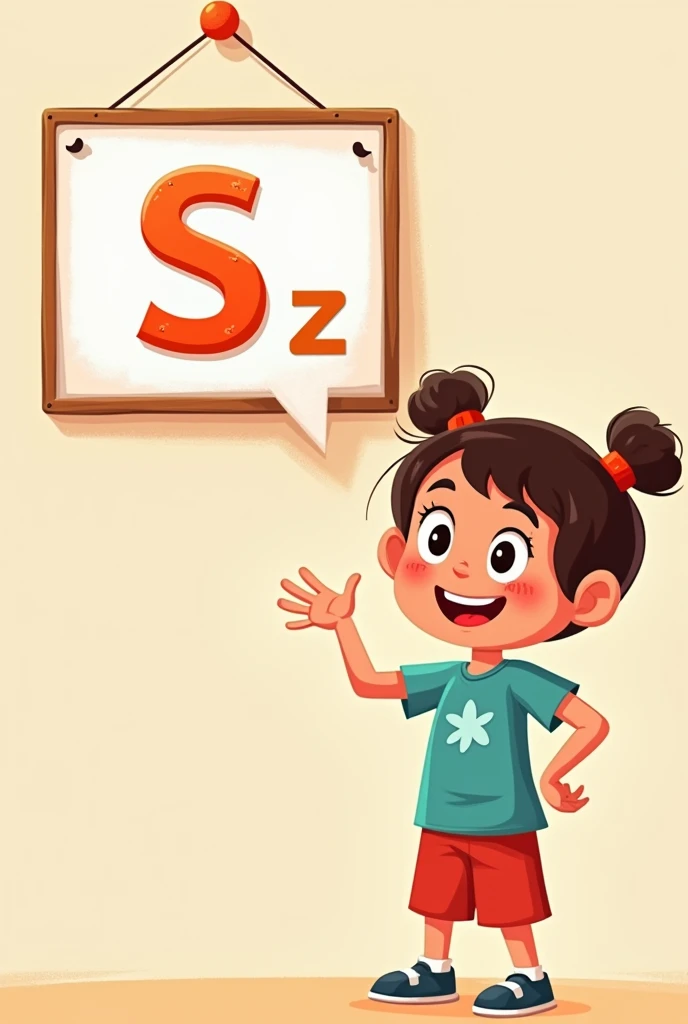 a cartoon-style educational graphic, featuring a cheerful girl pointing at a sign that presents a word challenge. The scene is simple, with a soft background and clear, inviting text, encouraging viewers to think of words starting with the letter “S.” 