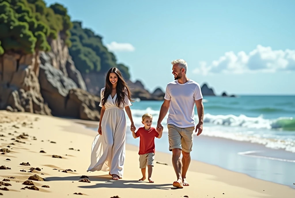 High Resolution, Masterpiece, Accurate, Best Quality, Detail, High Quality, realistic photo. A 2 wife, long dark hair, white skin, wearing a white long dress, height: 155 cm, weight: 45 kg. A 30 year old husband, short hair, white skin, wearing a white t-shirt, height: 160 cm, weight: 55 kg. A boy with short hair, white skin, wearing a red t-shirt. Husband and wife are walking hand in hand on a sandy Bali beach. The man is wearing a white shirt and khaki shorts, while the woman has long dark hair. They are both smiling and appear to be enjoying each other's company. In the background, there is a beautiful view of the ocean and a rocky cliff. The sky is blue and the overall mood of the image is peaceful and romantic.