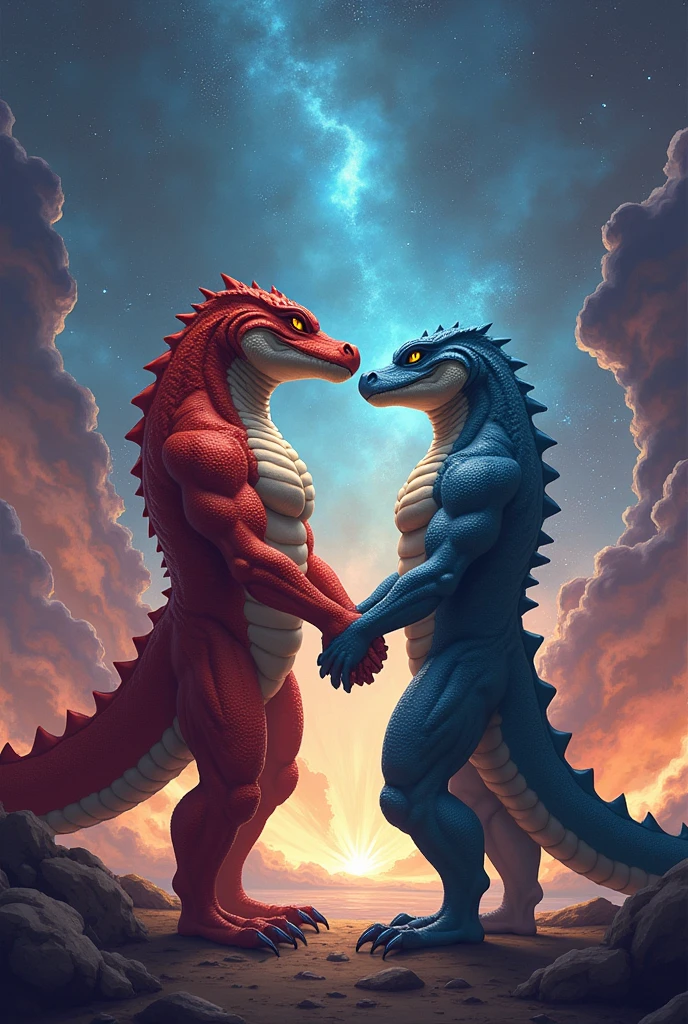 a muscular red male humanoid alligator being with yellow eyes and a muscular blue male humanoid lizard being with yellow eyes are holding hands and the two seem to like each other and in the background there is a scene of cosmic war.