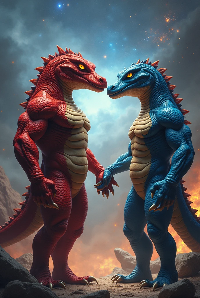 A tall, naked, male, muscular, Dragon with biceps with orange skin and yellow front side, green eyes, (soft shading), 4k, hi res, desert background, Dragon is wearing a glossy brown leather dog collar around the neck, Dragon is wearing glossy brown spiked leather bracelets around the wrists, Dragon is wearing glossy brown spiked leather bracelets around the ankles, Dragon has three toes, small claws on fingers and toes, Dragon has 4 fingers, flexing muscles, clenching teeth, leather collar and bracelets are worn at the same time, leather collar is thick, leather collar is extremely detailed, leather bracelets are extremely detailed, leather collar is smooth, leather collar is glossy in texture.