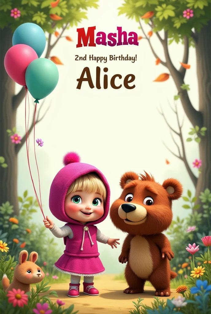 2nd Birthday Invitation, theme : Masha and the Bear , that has the birthday girl&#39;s name: Alice and age 2 years 
