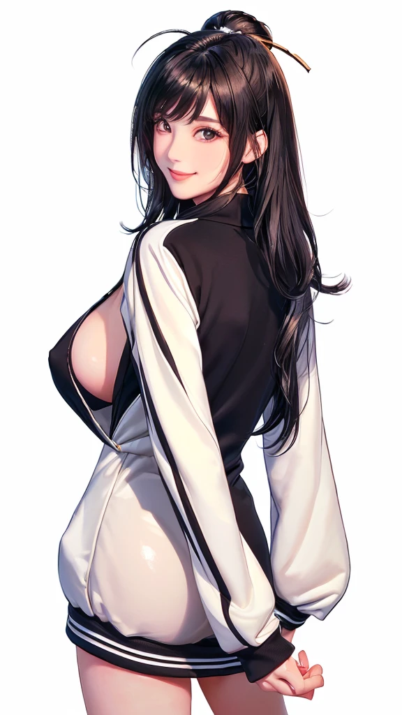 (((Perfect body,(((ruanmei fashion , winter ruanmei fashion,dress,Sweatshirt Jacket))),(((Black long hair))),((masterpiece)),high resolution, ((Best quality at best)),masterpiece,quality,Best quality,((( Exquisite facial features,Looking at the audience,There is light in the eyes,Smile))),From the back))),(((Light and shadow,Big breasts,))),(((Looking at the camera,White background,))))