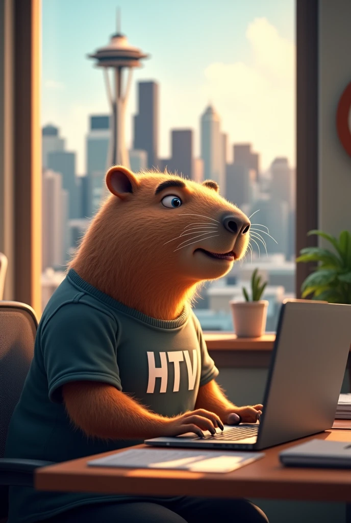 I want a capybara (that is in seattle - WA) developing a software using a t-shirt with letters HTV on the back. On the window it's possible to see seattle
