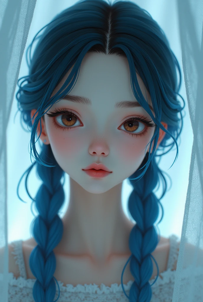 A girl from , curtain, with blue braided hair, brown eyes a little slanted,