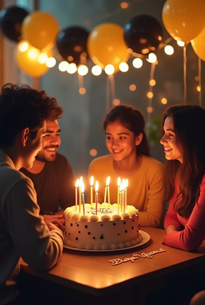 Create background image one table up cake with candles age 21 large add some friends write happy birthday bano with lights and a lot baloons black and yellow