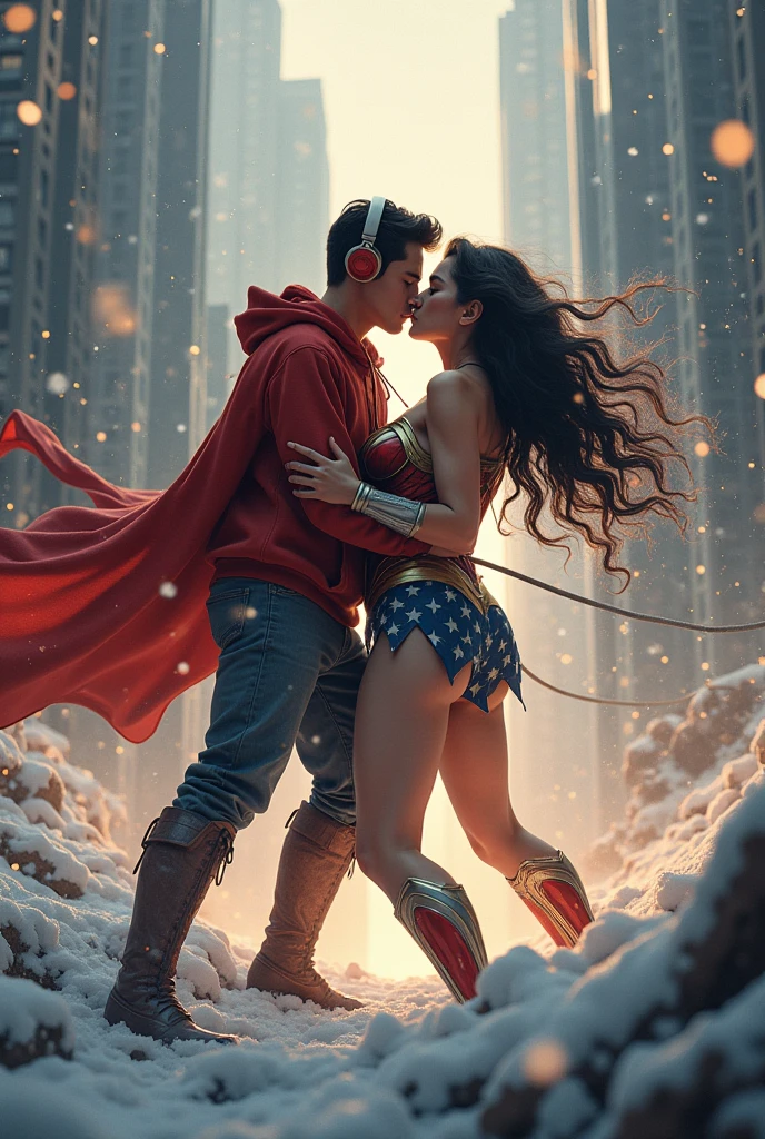 Young kid with red hoodie, headphones, rocket boots, & Wonder woman (Big tits & perfect body), Busty, fighting, power, fiction, full body, 2 persons, magic fire lasso, hight, fall, fire in boots, realistic, gun, kiss on the mouth, tongue kiss, kiss on the breasts, She Sitting on her legs, looking at camera, Hot, Lying down, Winter city, aerial view