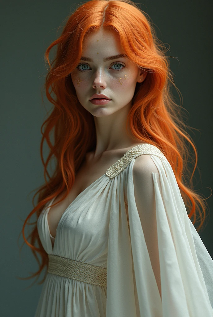 Height y Complexion:
Height: high, with an imposing and elegant presence.
Complexion: Slim and well defined, with an agile and athletic body.
hair:
Color: bright red, with nuances reminiscent of fire or polished copper.
style: Her hair is long and flowing, falling in natural waves or perhaps in a messier but charming style.
parts:
Location: parts dispersas en su rostro, especially on the cheeks and nose, like little golden dots that add a touch of youthful charm.
fur:
Color: white, clara, with a healthy glow that contrasts with her hair and eyes.
eyes:
Color: golden, with a warm, penetrating glow that seems to capture the light in a magical way.
form: eyes almendrados, with an intense and deep look that suggests wisdom and mystery.
face:
form: face ovalado o ligeramente cuadrado, with defined and angular features.
Expression: A mix of trust and kindness, with a smile that lights up his face.
outfit:
style: Elegant and simple, perhaps with neutral tones that complement your appearance, as white, grey or dark blue.
Details: You could wear a cape or a garment that flutters in the wind., adding a touch of drama to her slender figure.
position:
Posture: Standing in an upright and majestic pose, with a posture that projects strength and grace.