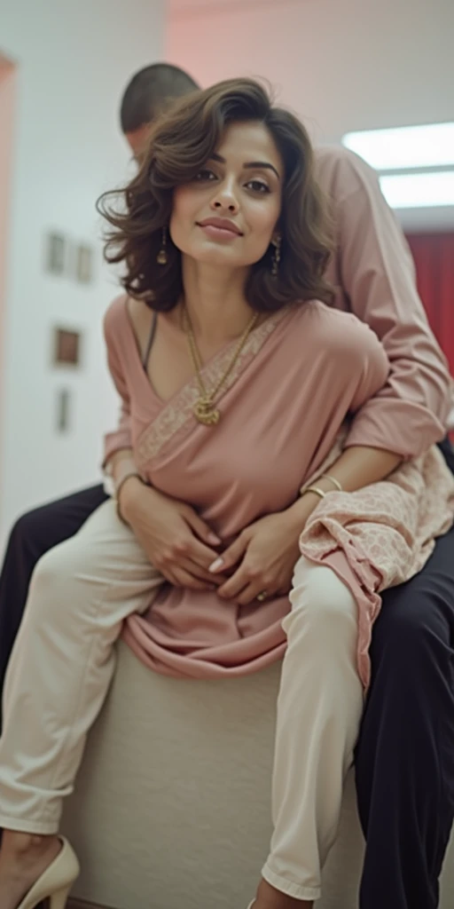Beautiful and Slim sensual Indian woman in a dark pink silk saree lifting piggyback a large chubby man above her shoulders, man is sitting on woman's shoulders, in a red light room with high ceiling, natural smile, woman is looking into the camera , she is holding his hands, full body image