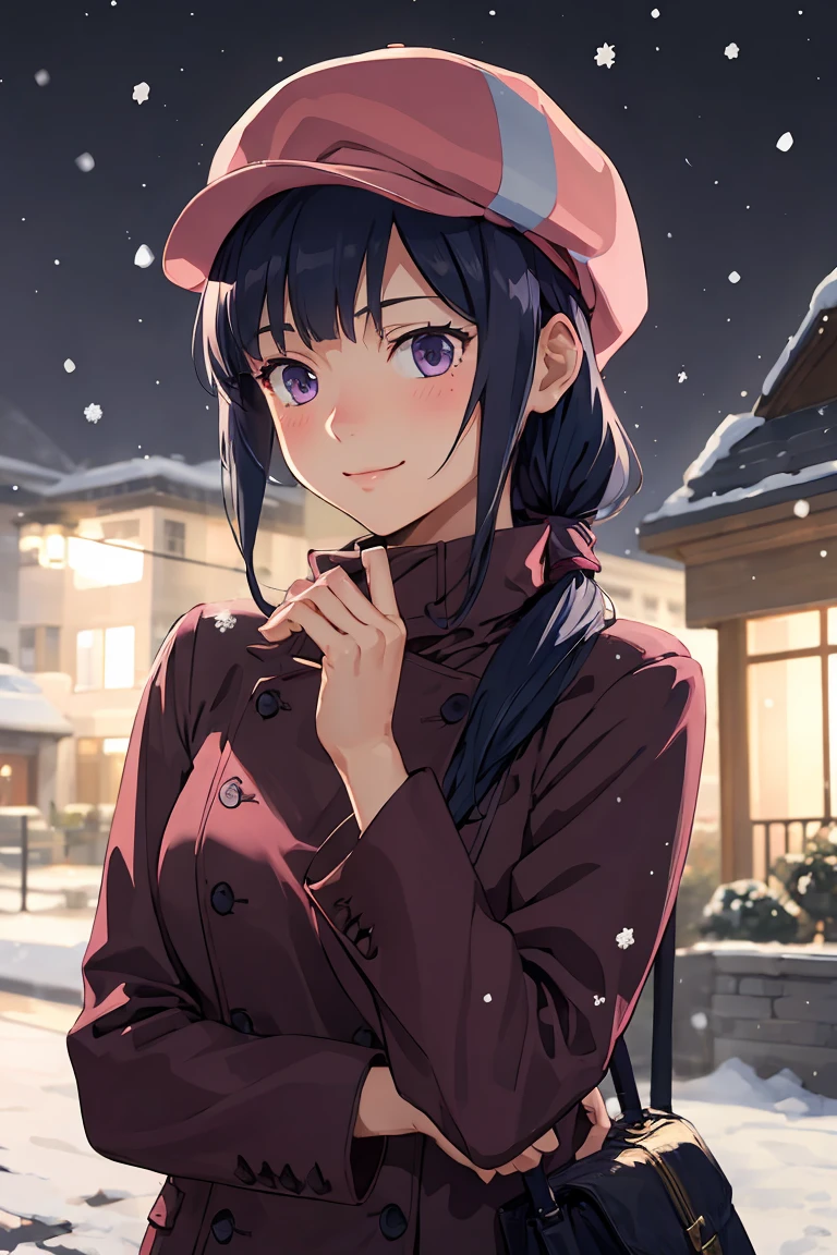 (masterpiece, best quality, 4k, detailed, intricate, realistic),outside,snowing,night sky,1girl,mihoshi, long hair, blue hair, cabbie hat, purple peacoat, long sleeves,blushing,slight smile, 