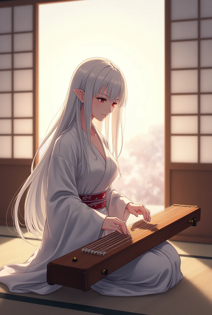 young, long white hair, She is wearing a simple kimono, sitting seiza on the tatami floor, toca un guzheng, anime style