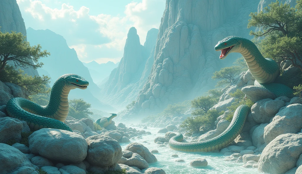 There are many white and shiny jade stones on the mountain.,Various weird snakes(best quality,4K,8k,High level,masterpiece:1.2),Ultra Detailed,(lifelike,Photo real,Photo real:1.37)