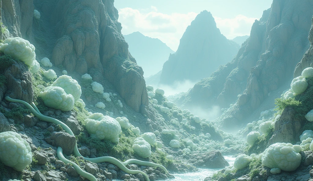 There are many white and shiny jade stones on the mountain.，Various weird snakes（best quality，4K，8k，High level，masterpiece：1.2），Ultra Detailed，（lifelike，Photo real，Photo real：1.37）