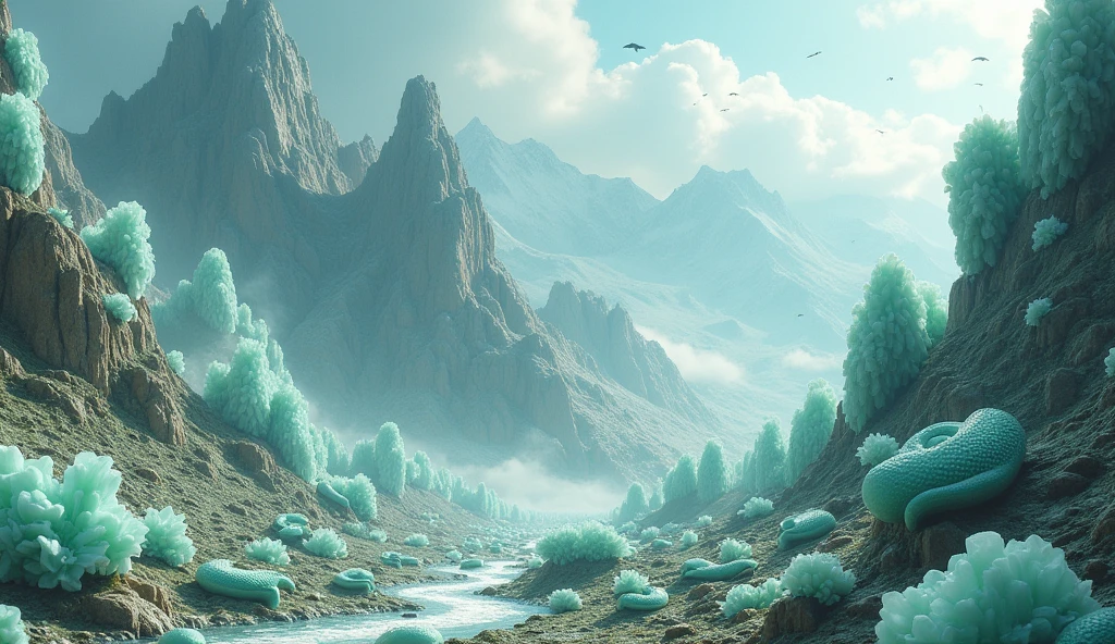 There are many white and shiny jade stones on the mountain.，Various weird snakes（best quality，4K，8k，High level，masterpiece：1.2），Ultra Detailed，（lifelike，Photo real，Photo real：1.37）