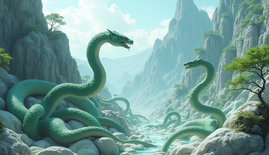 There are many white and shiny jade stones on the mountain.，Various weird snakes（best quality，4K，8k，High level，masterpiece：1.2），Ultra Detailed，（lifelike，Photo real，Photo real：1.37）