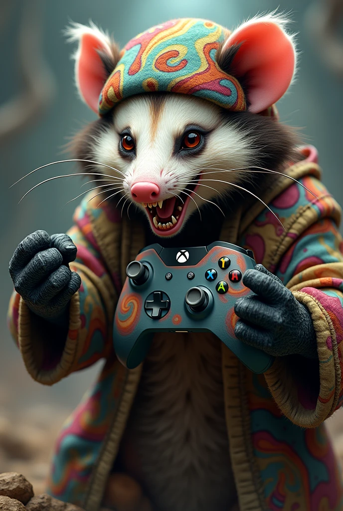 generates an opossum with an aggressive appearance that has a closed fist in its left hand and is holding an Xbox controller in the other., on his head he should wear a hallucinatory cap and hallucinatory clothes 