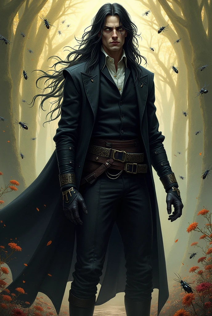 Create a sophisticated *ranger* Swarm Guardian, uma classe do RPG d&d. The character must be a human with a slim body, with a psychotic and scary expression on his face. He is surrounded by a swarm of small insects, that reflect your magical connection with nature. The drawing style should be medieval fantasy, with bright colors to contrast with the darkness that the character emanates. He has white skin and long black hair., that partially cover your face, increasing its enigmatic and threatening air. His attire consists of a black outfit under a long overcoat., reinforcing its dark and mysterious presence. male character.