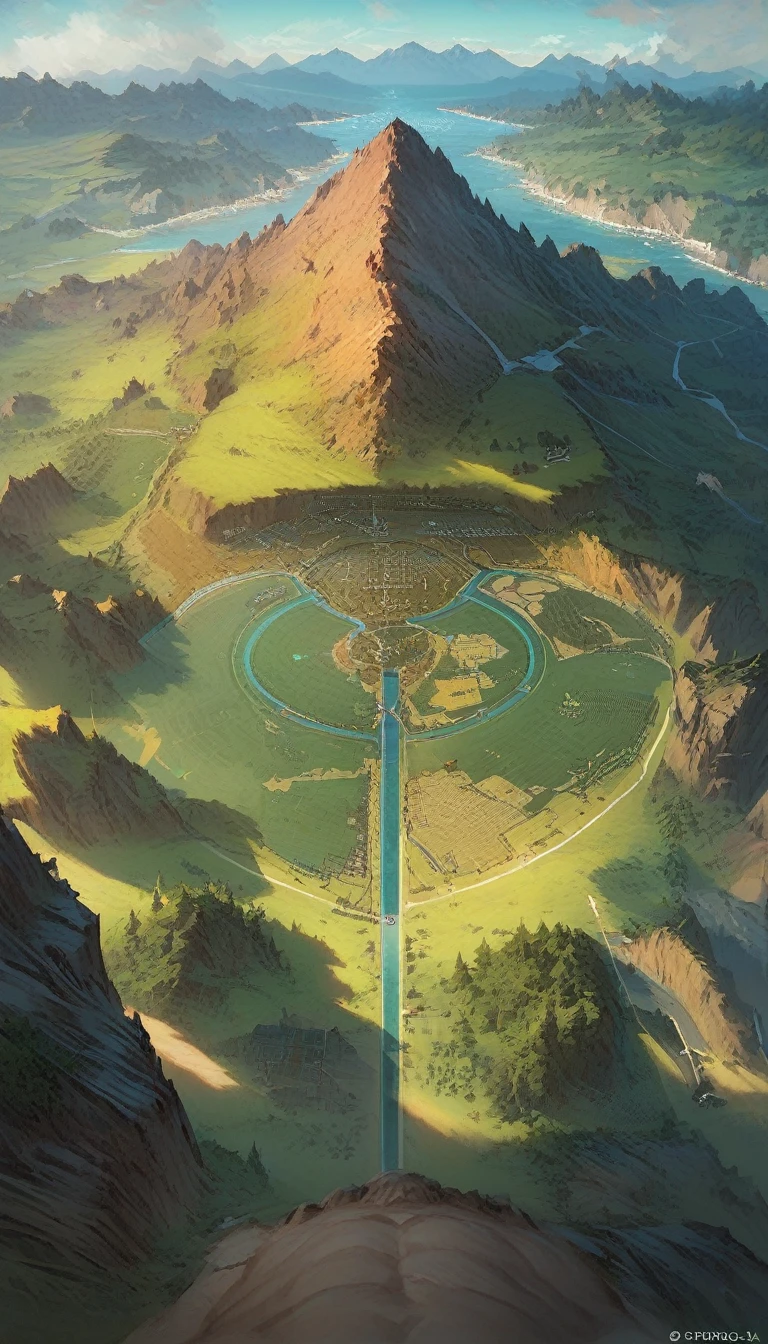 score_9, score_8_up, score_7_up, score_6_up, score_5_up, score_4_up, satellite view, bird's eye view, fantasy world, top-down view, shot from above, large landscape, green fields, mountains, surrounded by ocean, fantasy world map, gwentstyle,