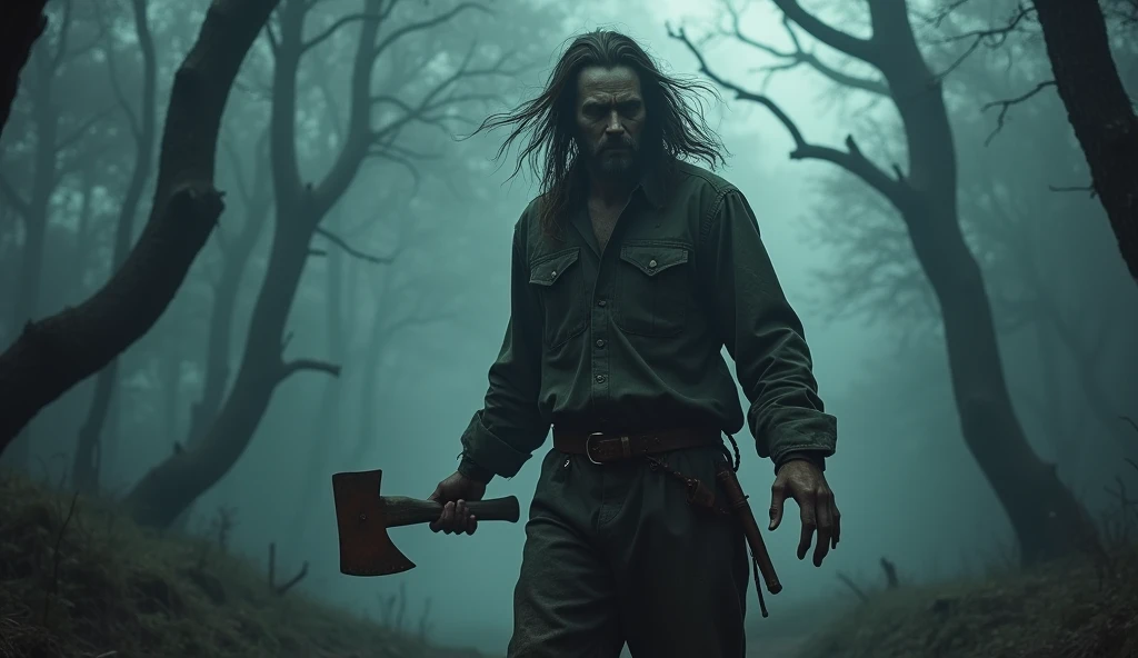 make a forest haunted by a mysterious lumberjack, he is holding his axe, he is cold and dark, She has long hair, extremly scary, extremely detaild, photoshot_\( ultra\), photoshotrealisitic, realisitic, Post-processing, Maximum details, roughness, real-life, ultrarealisitic, photoshotrealism, photoshotgraphy, 8k hd, photoshotgraphy