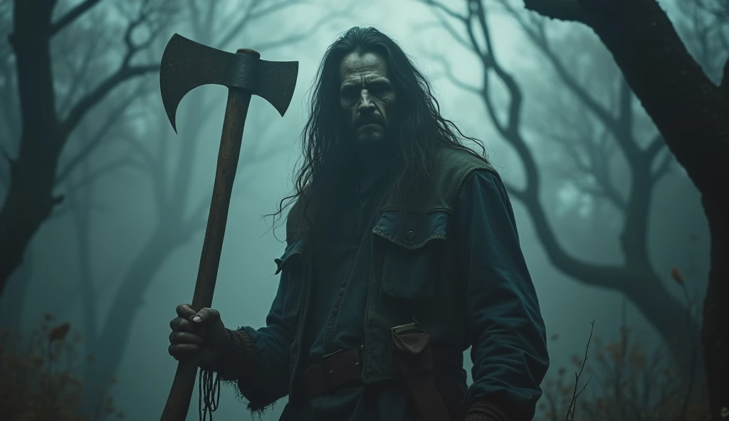 make a forest haunted by a mysterious lumberjack, he is holding his axe, he is cold and dark, She has long hair, extremly scary, extremely detaild, photoshot_\( ultra\), photoshotrealisitic, realisitic, Post-processing, Maximum details, roughness, real-life, ultrarealisitic, photoshotrealism, photoshotgraphy, 8k hd, photoshotgraphy