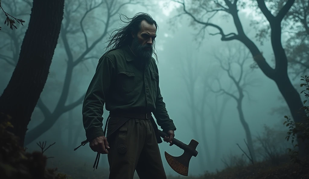 make a forest haunted by a mysterious lumberjack, he is holding his axe, he is cold and dark, She has long hair, extremly scary, extremely detaild, photoshot_\( ultra\), photoshotrealisitic, realisitic, Post-processing, Maximum details, roughness, real-life, ultrarealisitic, photoshotrealism, photoshotgraphy, 8k hd, photoshotgraphy
