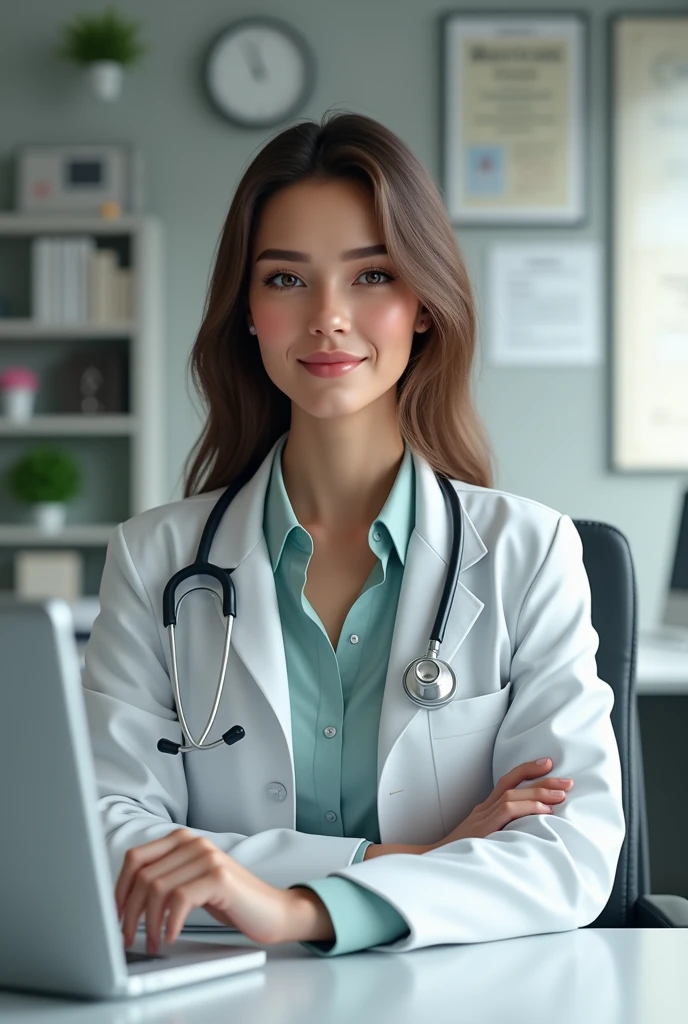 Create a highly realistic image of a female doctor sitting in her modern, well-lit office. She is dressed in a professional white lab coat with a stethoscope around her neck. The doctor is seated behind a sleek, organized desk, and she is pointing directly forward with a confident expression. The office should have medical charts, bookshelves, and certificates on the walls, conveying a professional and trustworthy atmosphere. The lighting should be natural and soft, highlighting her facial features and the details of the office.