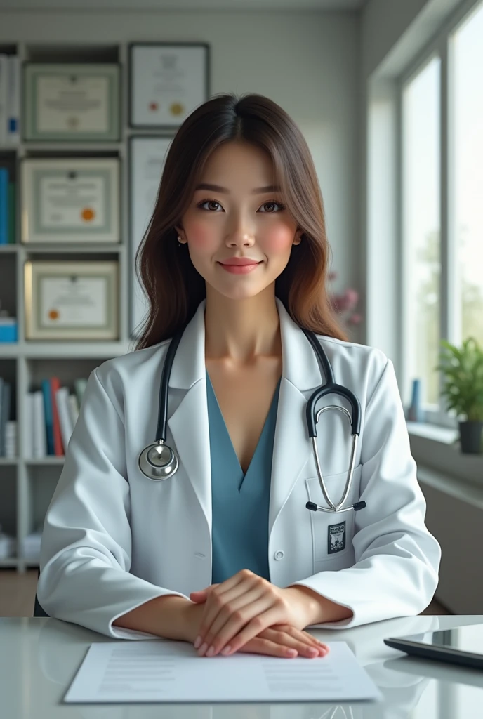 Create a highly realistic image of a female doctor sitting in her modern, well-lit office. She is dressed in a professional white lab coat with a stethoscope around her neck. The doctor is seated behind a sleek, organized desk, and she is pointing directly forward with a confident expression. The office should have medical charts, bookshelves, and certificates on the walls, conveying a professional and trustworthy atmosphere. The lighting should be natural and soft, highlighting her facial features and the details of the office.