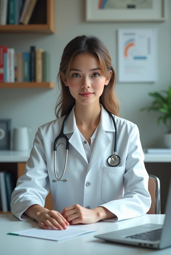 Create a highly realistic image of a female doctor sitting in her modern, well-lit office. She is dressed in a professional white lab coat with a stethoscope around her neck. The doctor is seated behind a sleek, organized desk, and she is pointing directly forward with a confident expression. The office should have medical charts, bookshelves, and certificates on the walls, conveying a professional and trustworthy atmosphere. The lighting should be natural and soft, highlighting her facial features and the details of the office.
