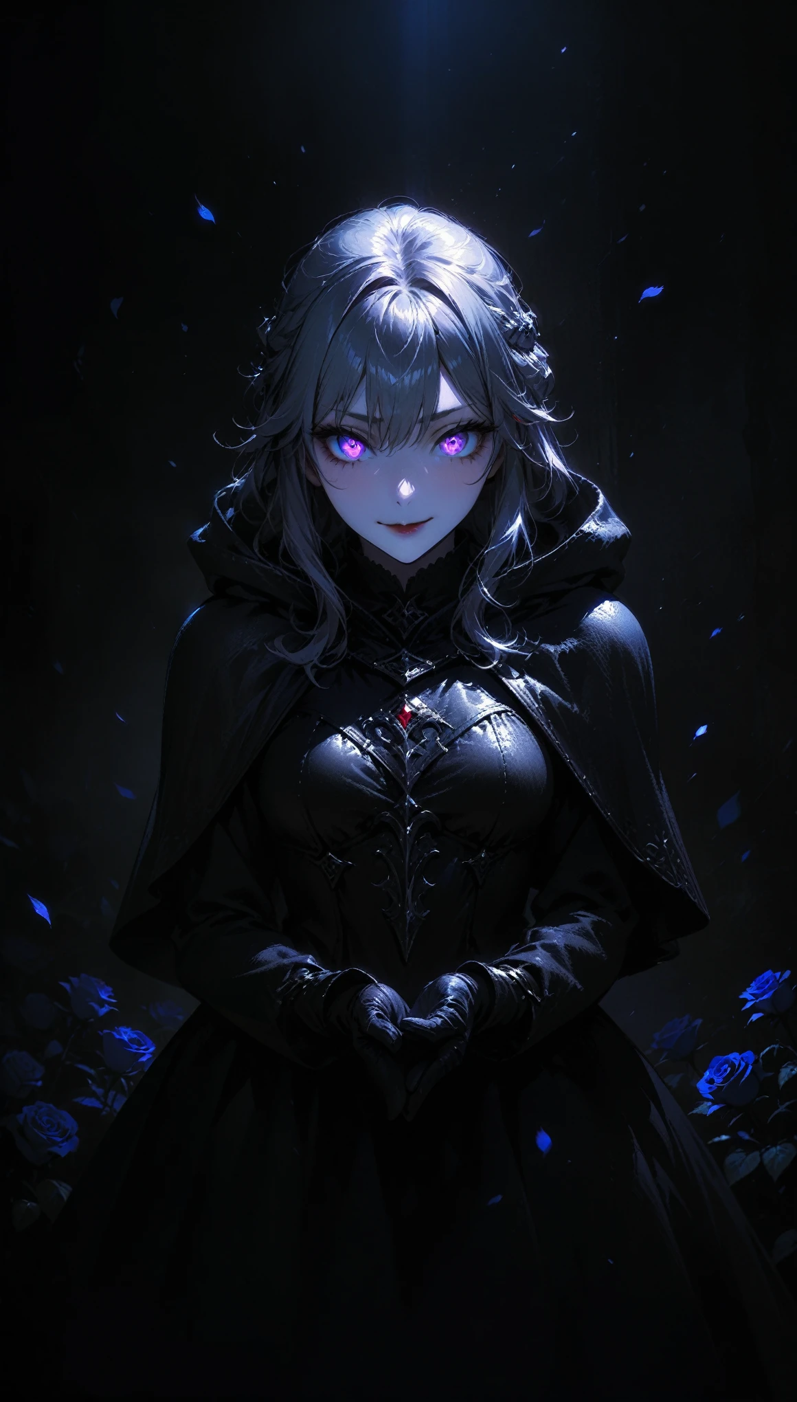 (full body portrait), 1girl, solo, (long silver hair), detailed face, mischief expression, smirk, pale white skin, purple eyes, (detailed eyes), long eyelashes, black eye liner, red lipstick, black tunic, (silver hoodie cloak), long dress, leather glove, (chest armor), (standing pose) moonlight, hard lighting, blue light, cold light, ((rose pedals falling)), (medieval theme), (masterpiece), super detailed, best quality, POV, dw01-3400, 4k