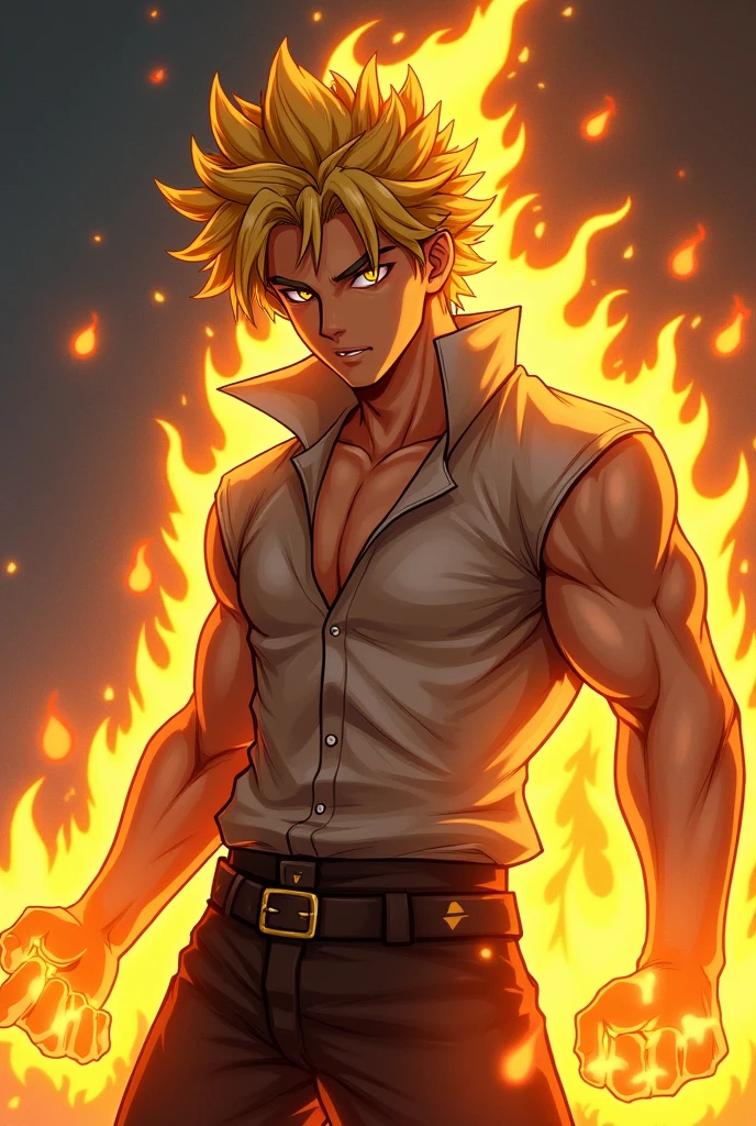 Male, young, adult, 30's, yellow eyes, strong look, cold, yellow hair, disheveled, cartoon, fire control, strong, fighter