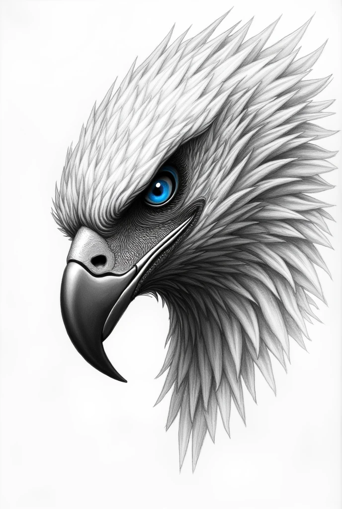 drawning, Eagle head, drawning à lápis, black strokes, white background, realisitic, lowering the head, blue eye, evil face, Defined traits, traço de drawning