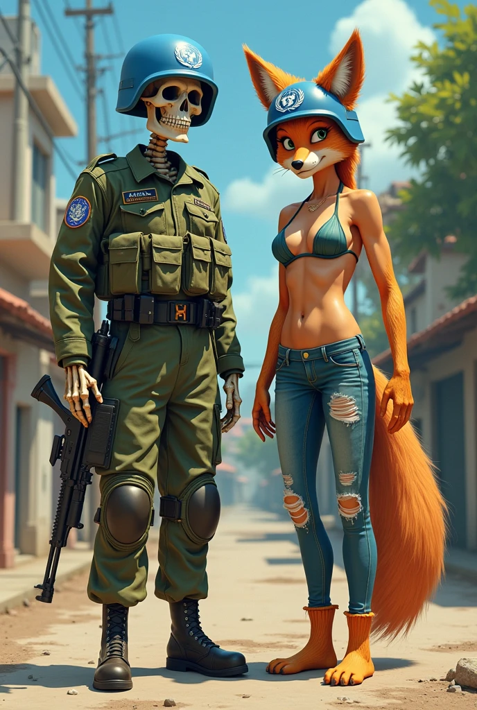 Brazilian skeleton soldier with UN helmet, with the other company of a furry anime fox soldier in a bikini and sexy jeans with a UN helmet on a peace mission in Haiti.