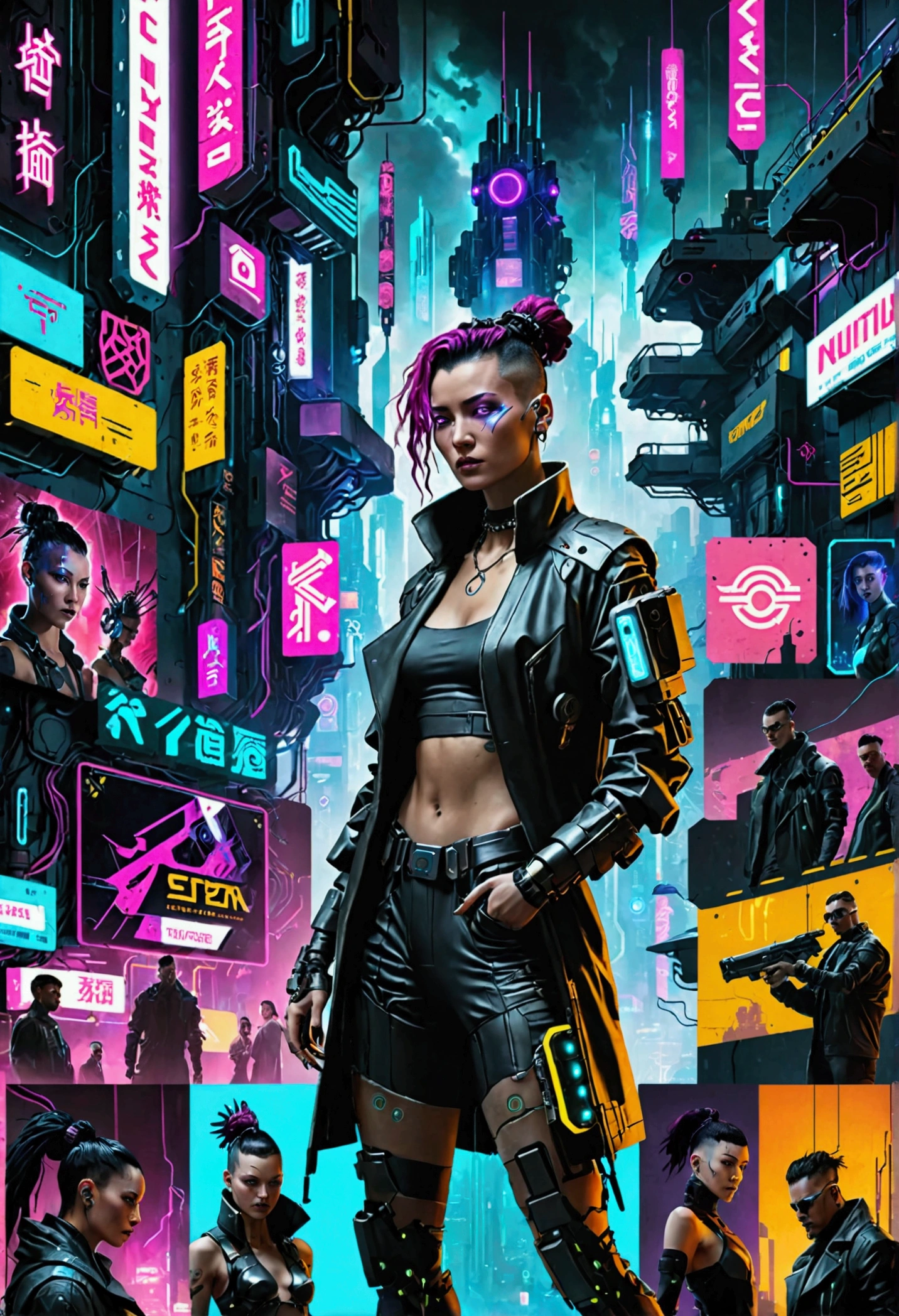 (Felicity Jones,a girl with a beautiful face), nighttime, cyberpunk city, dark, raining, neon lights, ((Wearing a blazer over a hoodie)), blazer, hoodie,(cyberpunk 2077 cityscape), (<lora:PostApocalypticXL_v1:0.5> SZ_4poXL enviroment,<lora:neowrskXL:0.5> neowrsk,gaint,huge ), cyberpunk 2077, cyberpunk, synthwave, 1980s, futurism, brutalism, neuromancer, cinematic photo,, standing in the distance,,Amid the ruins of a once-majestic fortress, a soldier pauses, her silhouette ghostly against the backdrop of shifting terrains that oscillate between detailed battle maps and molten landscapes, Tornado, Barren trees, Menacing,,detailed hair, mohawk, red hair,((art by RezsQ Blint))